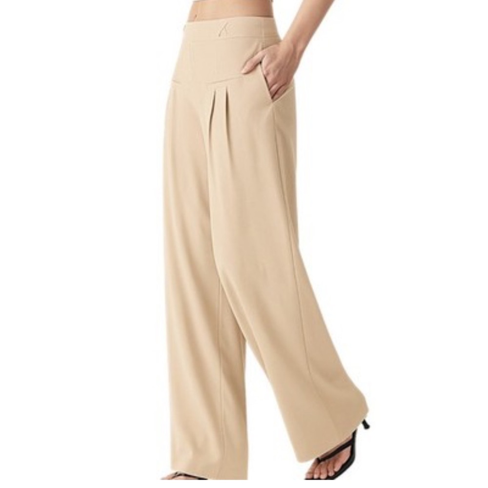 OGL NWT Wide Leg Drapey Bamboo Pants Sz Lg Petite High Rise Stretch Cream